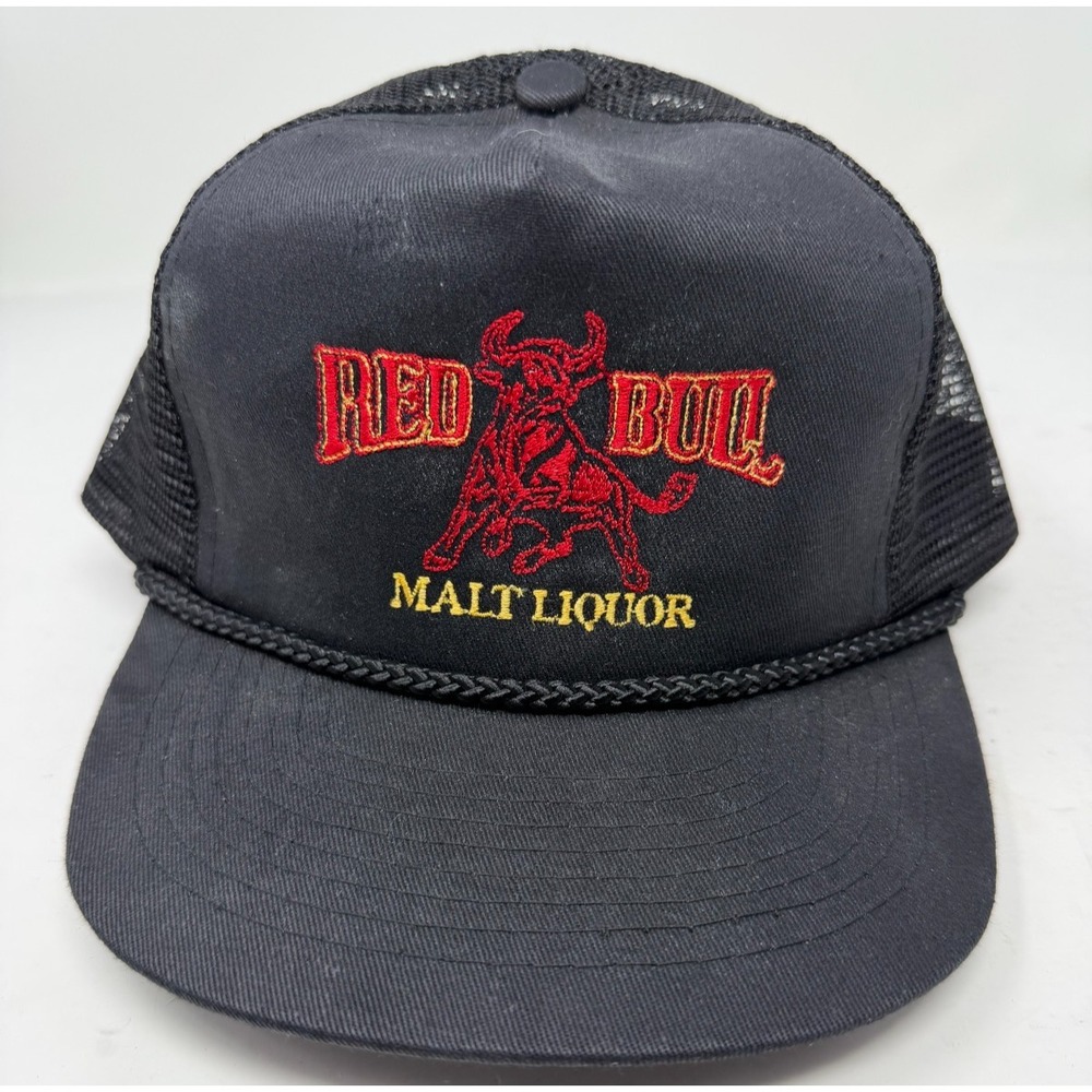 Vtg Red Bull Malt Liquor Mesh Trucker Hat Snapback Black Beer Promo Cap